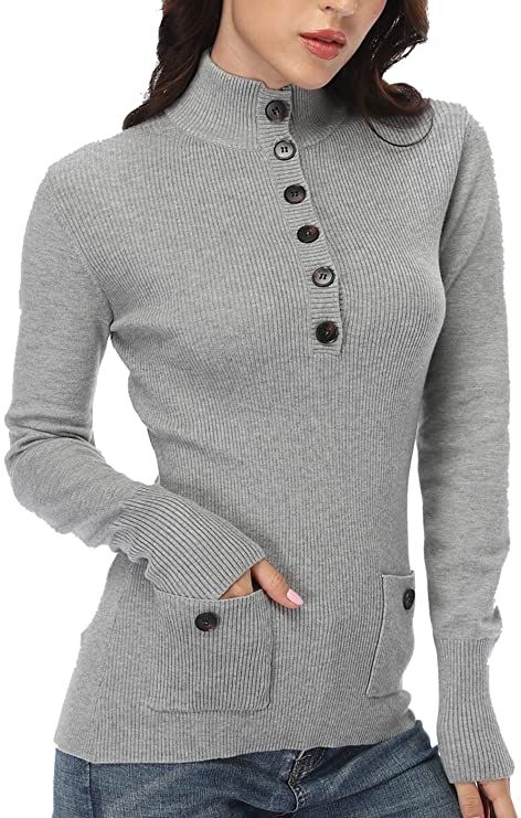 Womens Buttons Up Long Sleeves Mock Neck Ribbed Pullover Sweaters with Pockets