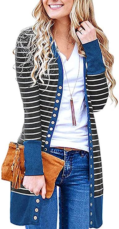 CinShein Women's Striped Cardigan Button Down Knitwear Striped Long Sleeve Knit Ribbed Neckline Sweater Coat
