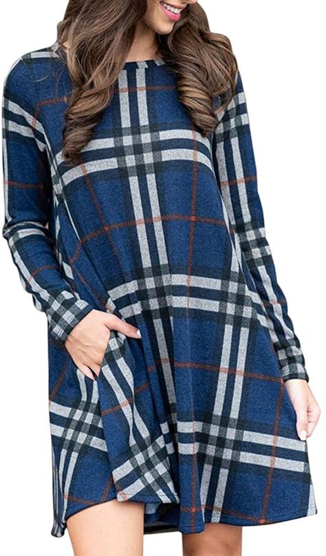MIROL Women's Long Sleeve Plaid Color Block Casual Swing Loose Fit Tunic Dress with Pockets