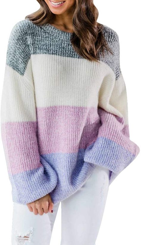 Exlura Women's Color Block Chunky Oversized Sweater Patchwork Lantern Sleeve Pullover Crew Neck Loose Knit Jumper
