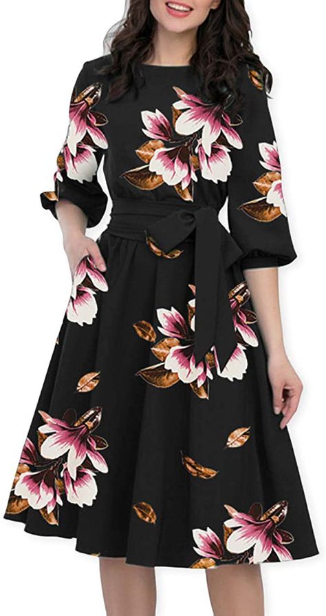 AOOKSMERY Women's Elegant Floral Print 3/4 Puff Sleeve Pleated Dress Casual Swing Midi Dresses with Belt