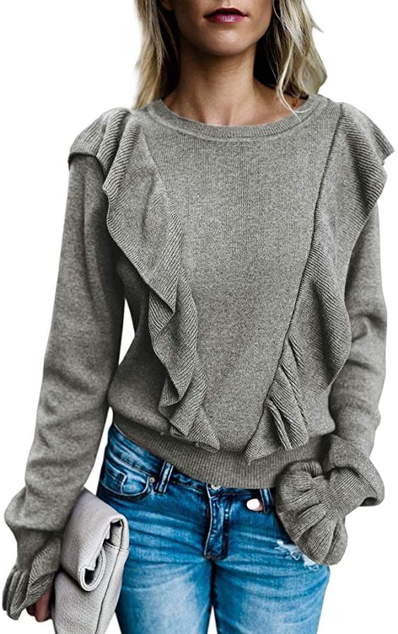 Imily Bela Women's Crew Rib Ruffle Front Puff Long Sleeve Blouse Sweater Crop T Shirts