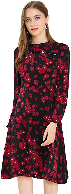 Allegra K Women's Ruffle Floral Print Lace Trim Round Neck Elegant Puff Sleeve Mini Dress
