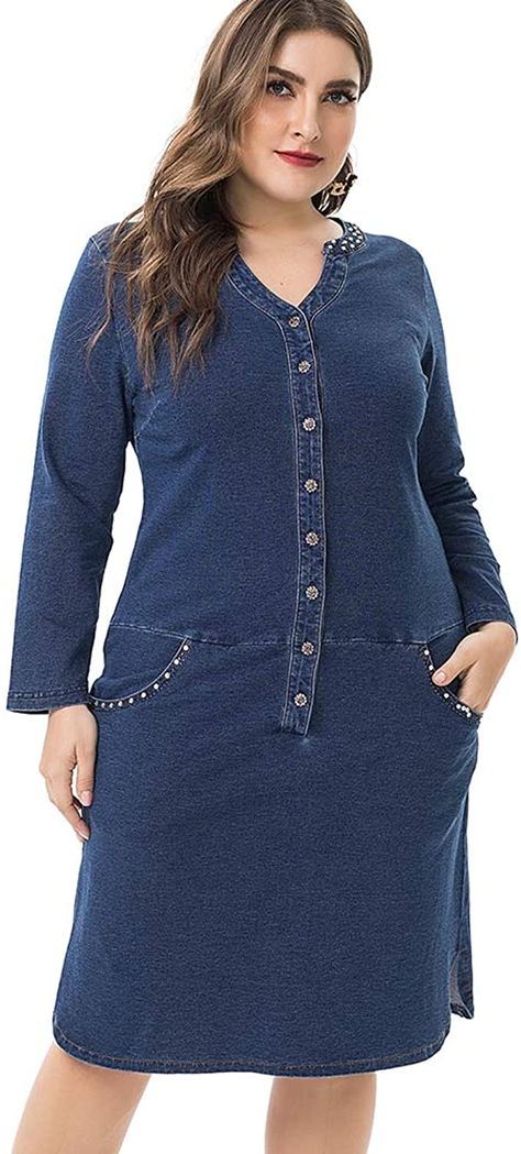 LXYD Women's Long Sleeve Button Up V Neck Denim Dress Casual Mini Jeans Dresses with Pockets Plus Size L-4XL