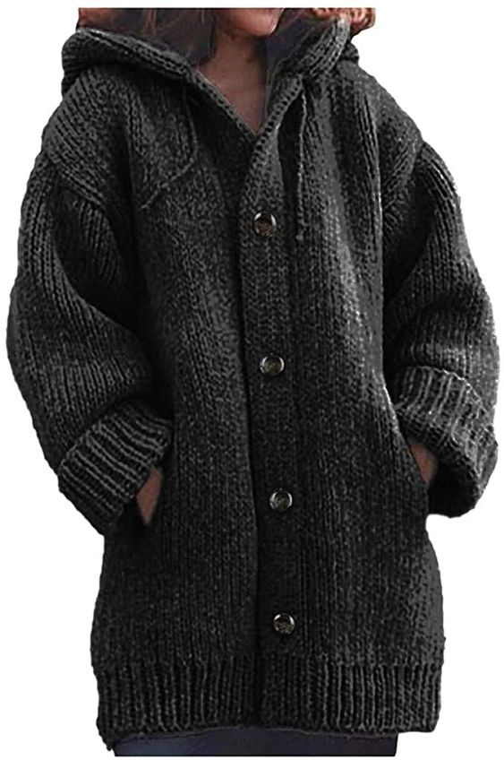 Youmymine Women's Winter Warm Sweater Coat Plus Size Button Hoodie Knitting Outwear Jackets Overcoat