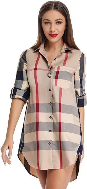 Acloth Women's Plaid Button Down Shirts Roll-up Sleeve Blouses Loose Fit Tops with Pocket