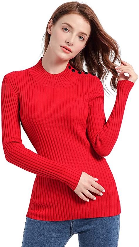 v28 Women Mock Neck Knit Long Sleeve Shoulder Button Slim Fit Ribbed Sweater