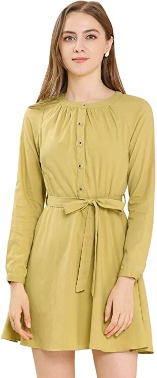 Allegra K Women's Elegant Long Sleeve Round Neck Tie Waist Belted Mini Button Down Shirt Dress