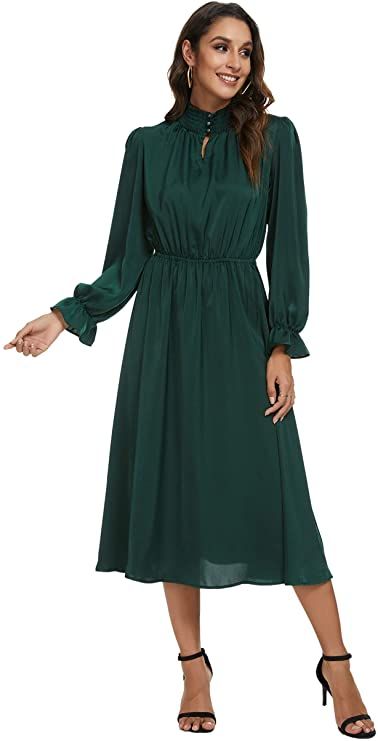 MopeMope Women Midi Dresses High Neck Long Ruffle Sleeve Elastic Waist Pleated Front Dress