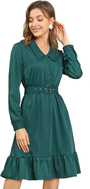 Allegra K Women's Ruffle Hem Shirtdress Half Placket Long Sleeves Belted Shirt Dress