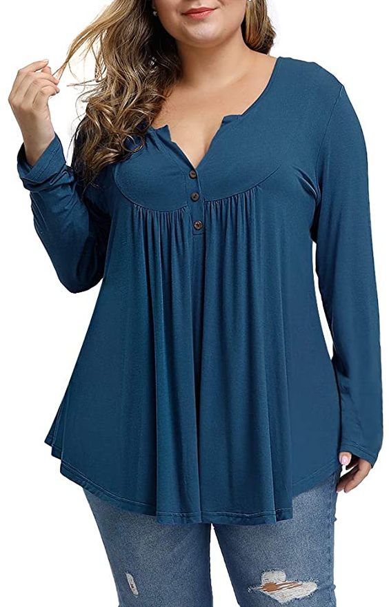 Allegrace Women's Plus Size Tunics Button Up Henley V Neck Tops Pleated ...