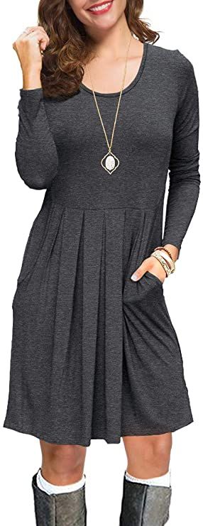 KORSIS Women's Long Sleeve Pleated Loose Swing Casual Dress with Pockets