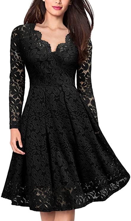 MISSMAY Women's Vintage Floral Lace V Neck Cocktail Party Swing Dress
