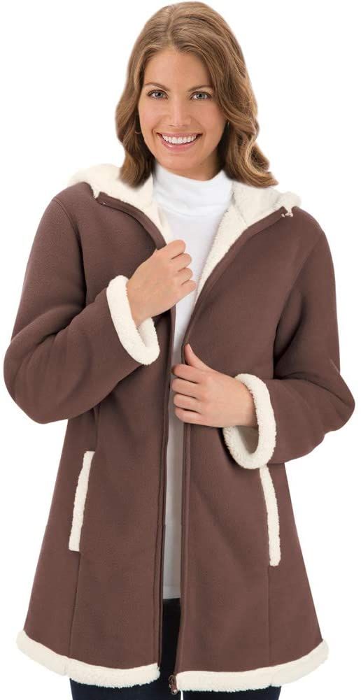 Collections Etc Women's Polar Fleece Sherpa Lined Zip Up Coat Beige Large