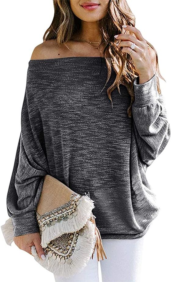 MIROL Women's Off Shoulder Batwing Sleeve Tops Oversized Loose Fit Lightweight Pullover Sweater