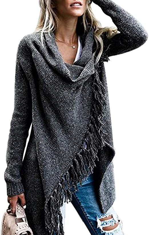 CEASIKERY Women's Tassel Hem Sweater Long Cardigan Knitwer Pullover Poncho Coat