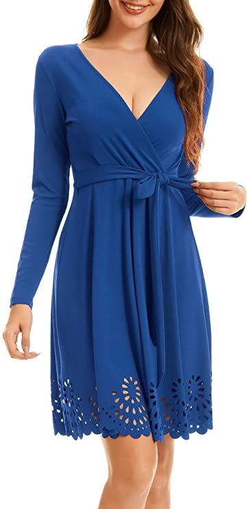 FENSACE Women's Long Sleeve Cross Neck Scalloped Hem Stretch Knitted A-line Dress