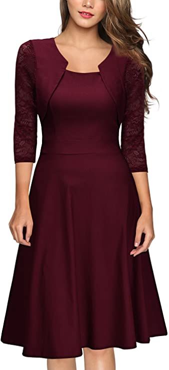 Miusol Women's Vintage Square Neck Floral Lace 2/3 Sleeve Cocktail Swing Dress