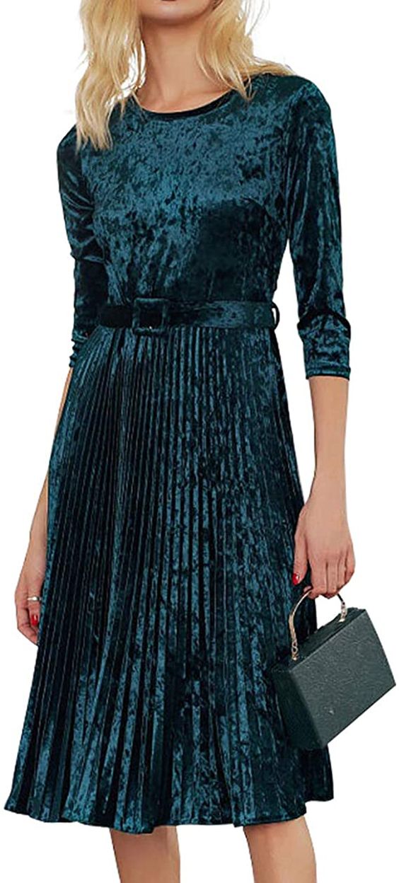 Simple Flavor Women's Vintage Velvet Midi Dress 3/4 Sleeve Flare Swing Pleated A-Line Party Dress