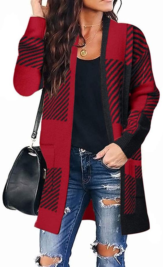 MEROKEETY Womens Plaid Long Sleeve Open Front Cardigan Pockets Knit Sweater Coat