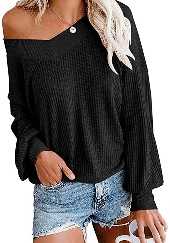 Tobrief Women's V Neck Long Sleeve Waffle Knit Tops Off Shoulder Oversized Pullover Sweater