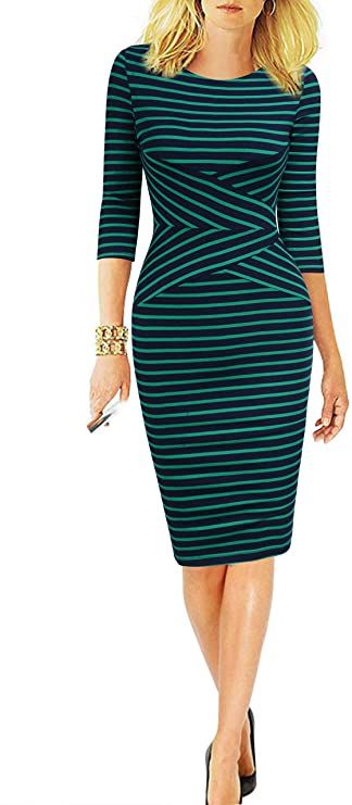 REPHYLLIS Women 3/4 Sleeve Striped Wear to Work Business Cocktail Pencil Dress