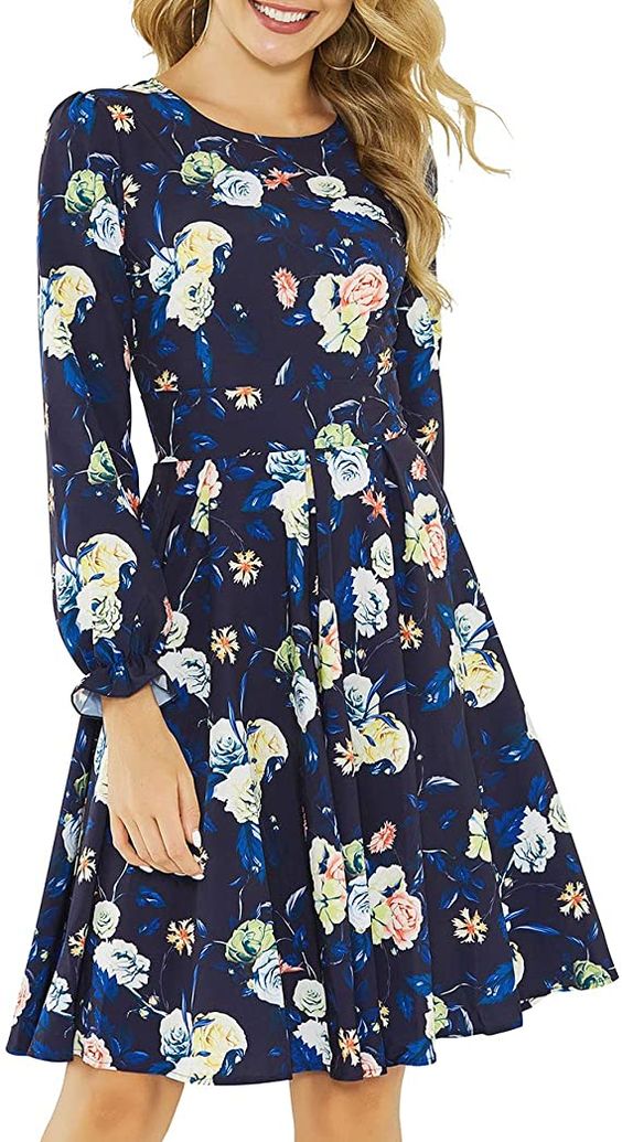 Simple Flavor Women's Floral Vintage Cocktail Swing Dress Ruffle Sleeve