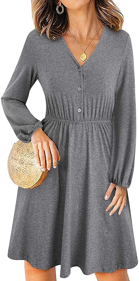 LAISHEN Women’s Long Sleeve V Neck Button Down Casual Midi Dress with Pockets