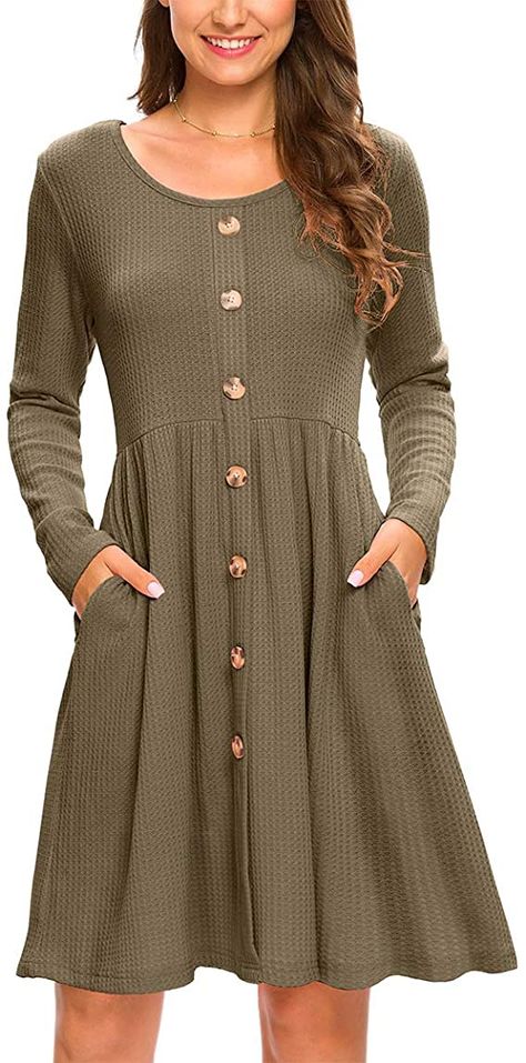 LONGYUAN Women's Long Sleeve Casual Waffle Knit Button Down Dress with Pockets