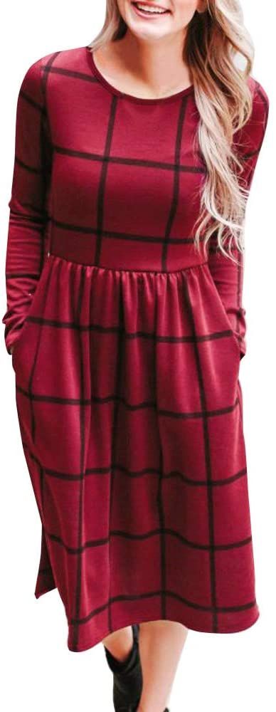 PRIMODA Women's Long Sleeve Grid Tunic Midi Dress Casual Empire Waist Plaid Knee Length Dresses with Pockets
