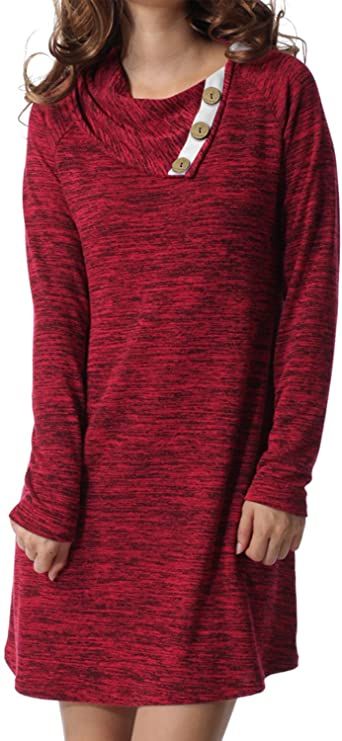 levaca Women's Long Sleeve Button Deco Neck Loose Casual Short T Shirt Dress
