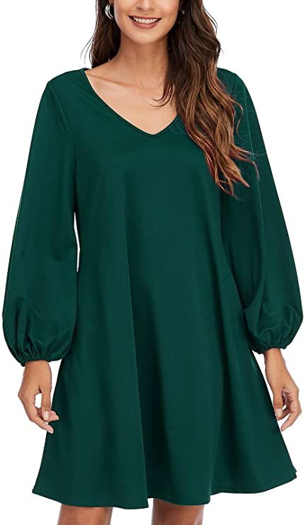 GOORY Women Casual Long Sleeve Tunic Dress V Neck Swing Dresses with Pockets