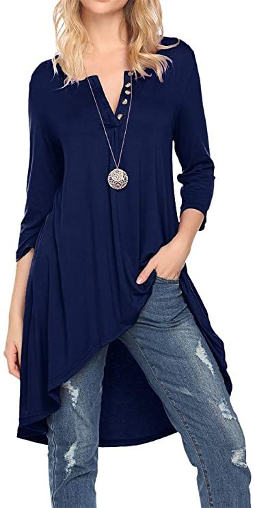 Naggoo Women's 3/4 Sleeve Button V Neck High Low Loose Fit Casual Long ...