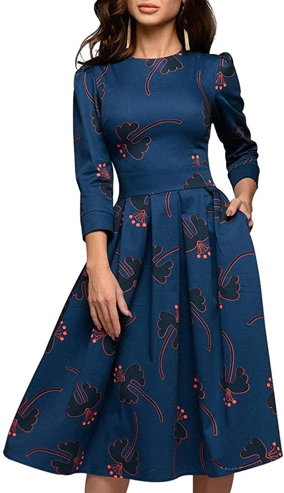 Simple Flavor Women's Floral Evening Flare Vintage Midi Dress 3/4 ...