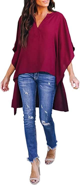 Asvivid Womens V Neck Bell Sleeve Asymmetrical High Low Tunic Tops Summer Chiffon Blouse Flowy Tops