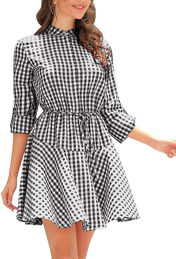 Kate Kasin Women Roll Up Sleeve Casual Tunic Mini Plaid T Shirt Dresses KKAF1057