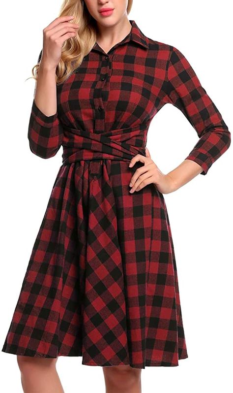 Burlady Women's Plaid Dress - Girl's 3/4 Sleeve Button Down Checker Shirt Dress with Belt