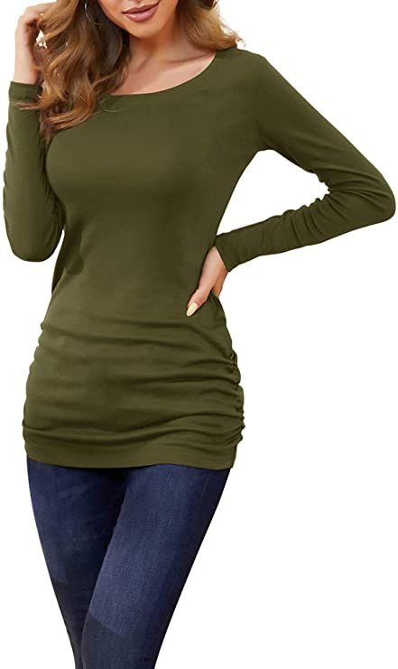 TORARY Women's Casual Long Sleeves Slim Fit Ruched Tunic T-Shirt Dress