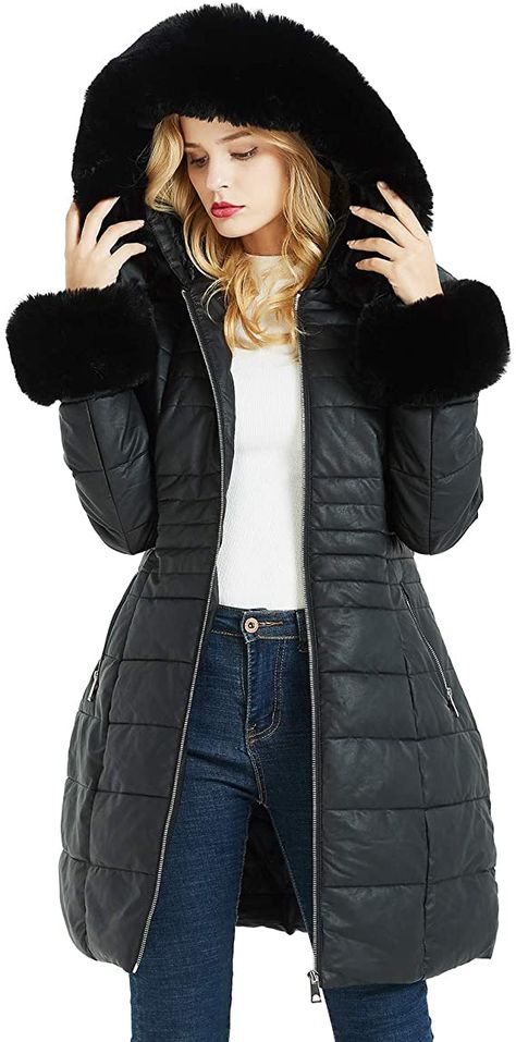 Geschallino Women's Fleece Line Coats with Faux Fur Hood Warm Winter Down Parka with Pockets