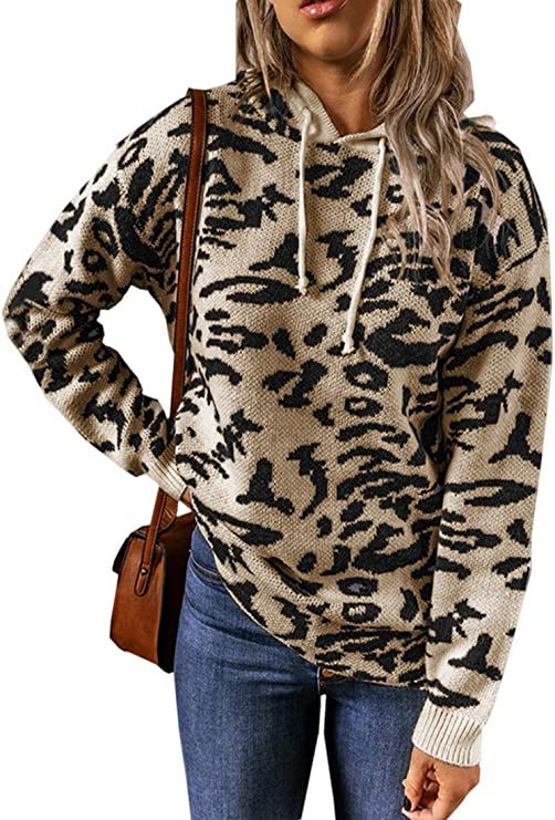 Angashion Women's Sweaters Casual Oversized Leopard Printed Crew Neck Long Sleeve Knitted Pullover Tops for Winter