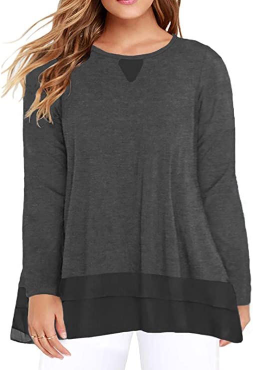 VISLILY Womens Plus-Size Tops Casual Long Sleeve Shirts Flowy Chiffon Tunics