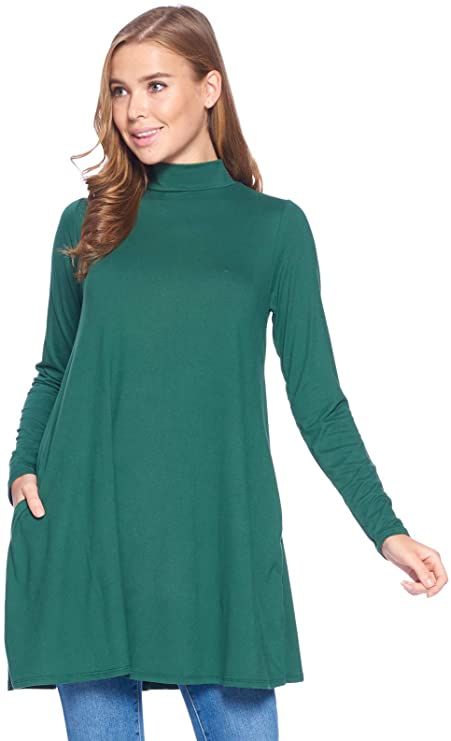 12 AMI Long Sleeve Solid Mock Neck Pocket Swing Tunic T-Shirt Top (S-3X)