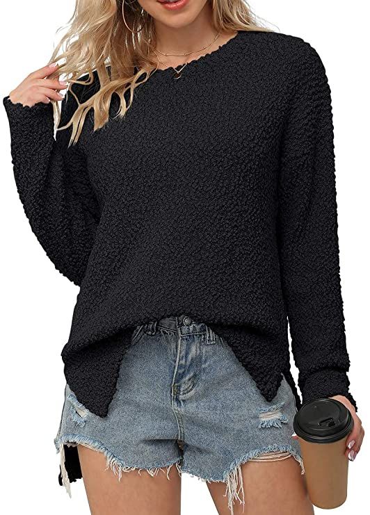GRECERELLE Women's Fuzzy Knitted Sweater Crew-Neck Long Sleeve Side Split Loose Casual Knit Pullover Sweater Blouse