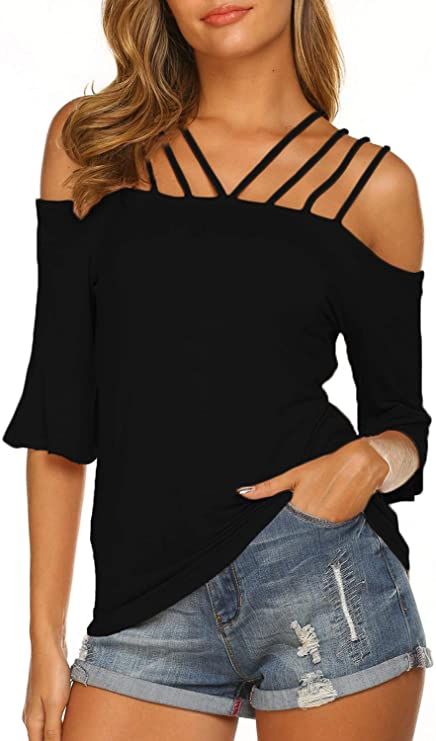 Newchoice Women's Casual Off The Shoulder Tops Straps Ruffle Sleeve ...
