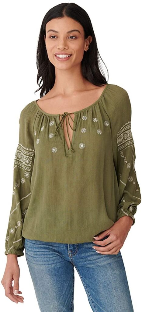 Lucky Brand Women's Long Sleeve Tie-Neck Embroidered Mix Media Peasant ...