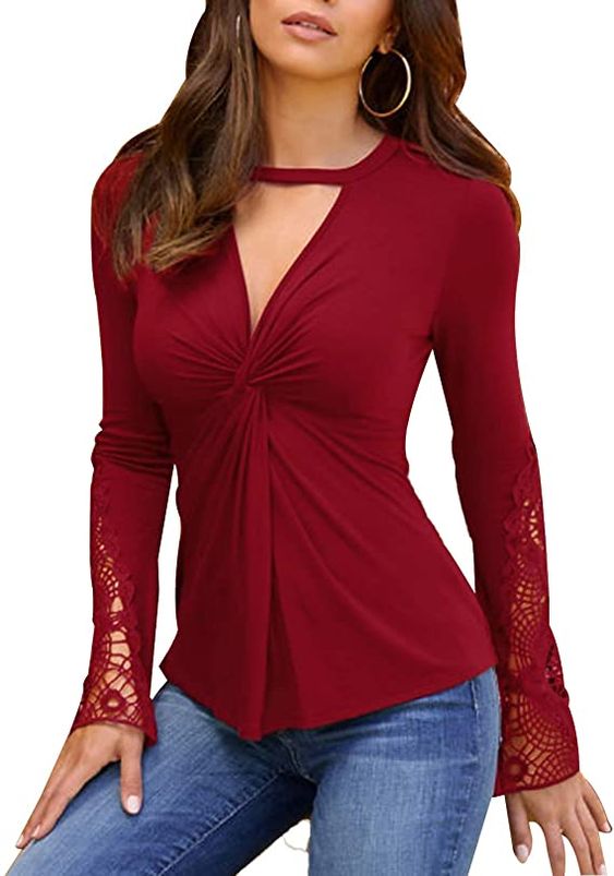 YOINS Women Sexy Long Sleeve Tops Slimming Lace Trimming Shirts See ...