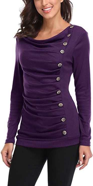 MISS MOLY Women's Cowl Neck Sweatershirt Tunic Button Decor Ruched Front Long Sleeves Work Tops T-Shirt