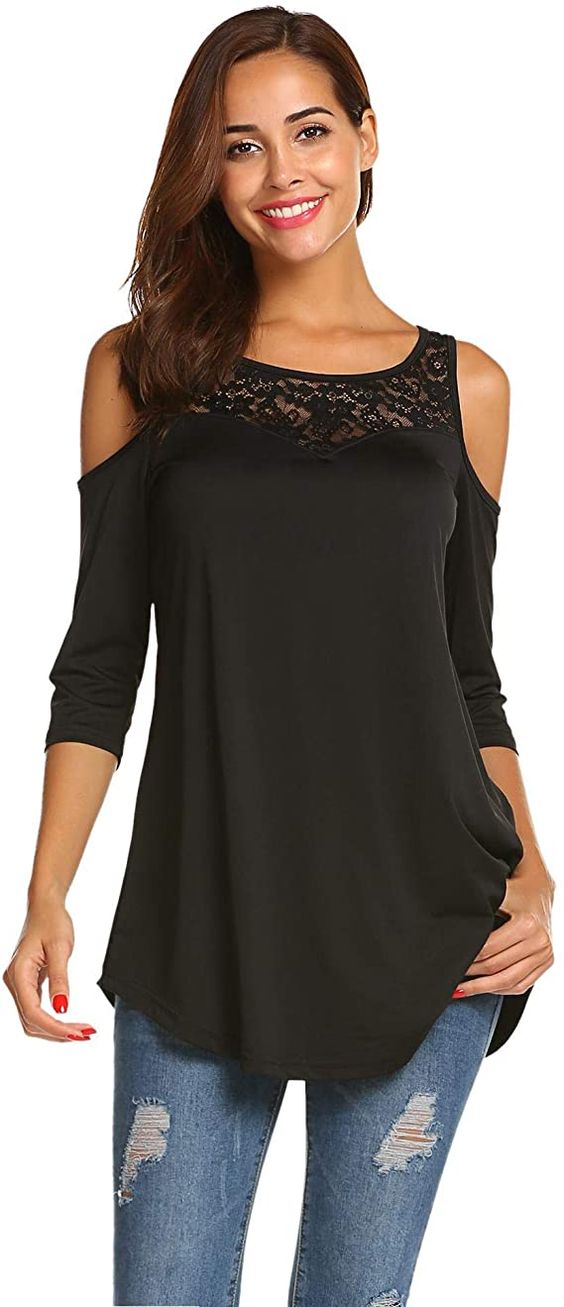 Grabsa Women's Cold Shoulder Lace Blouse Half Sleeve Top Flowy Tunic ...