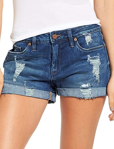 LookbookStore Women's Mid Rise Rolled Hem Distressed Jeans Ripped Denim ...
