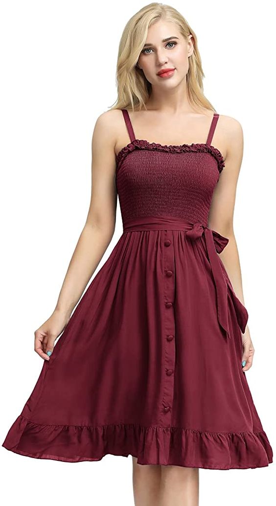 CURLBIUTY Women Summer Spaghetti Strap Button Down Belt Swing A line Midi Dress
